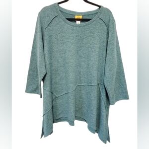 Ruby Rd. Teal Asymmetrical Hem Soft Knit 3/4 Sleeve Plus Size Top Women's 1X
